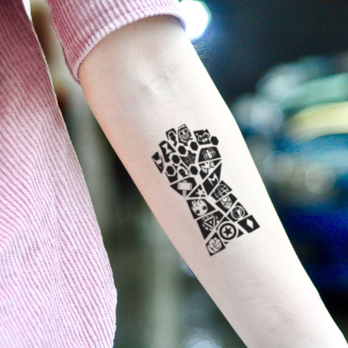 fake medium thanos infinity war gauntlet stones illustrative temporary tattoo sticker design idea on inner arm