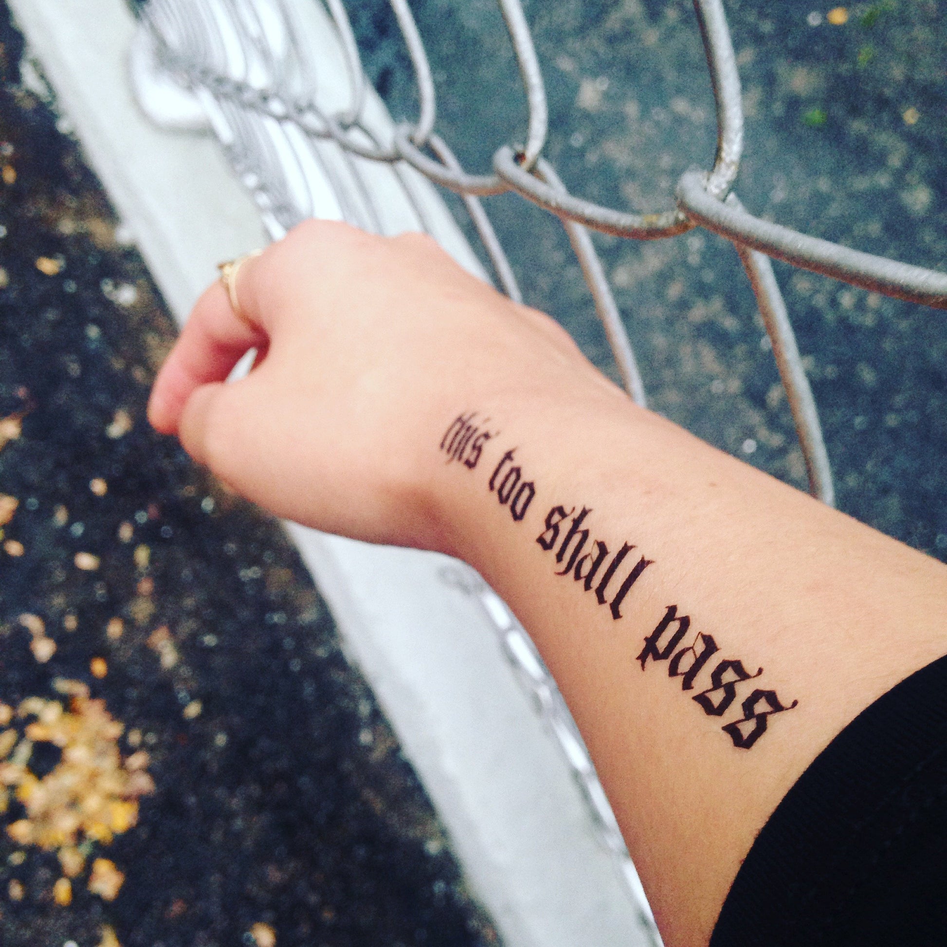 fake medium this too shall pass domestic violence abuse lettering temporary tattoo sticker design idea on forearm