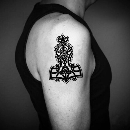 fake medium thor hammer mjolnir tribal temporary tattoo sticker design idea on upper arm