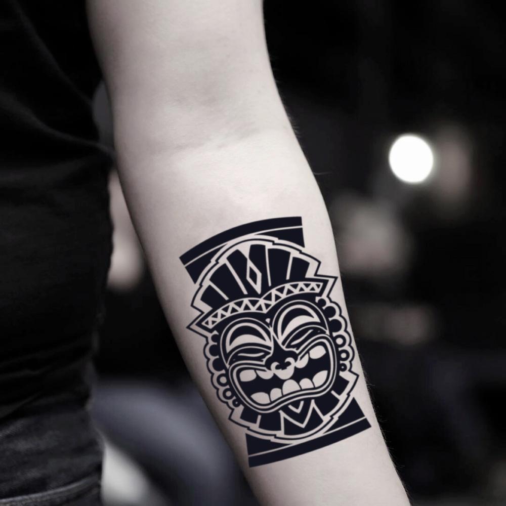 fake medium tiki mask tlaloc aztec god tribal temporary tattoo sticker design idea on inner arm