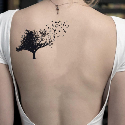 fake medium tree and birds nature temporary tattoo sticker design idea on back