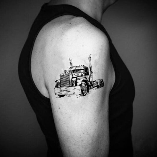 fake medium peterbilt semi tow truck trucker illustrative temporary tattoo sticker design idea on upper arm