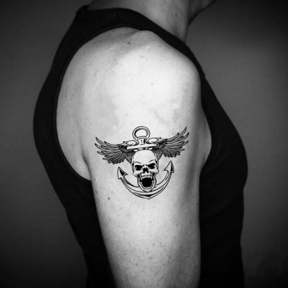 fake medium us navy skull with wings illustrative temporary tattoo sticker design idea on upper arm