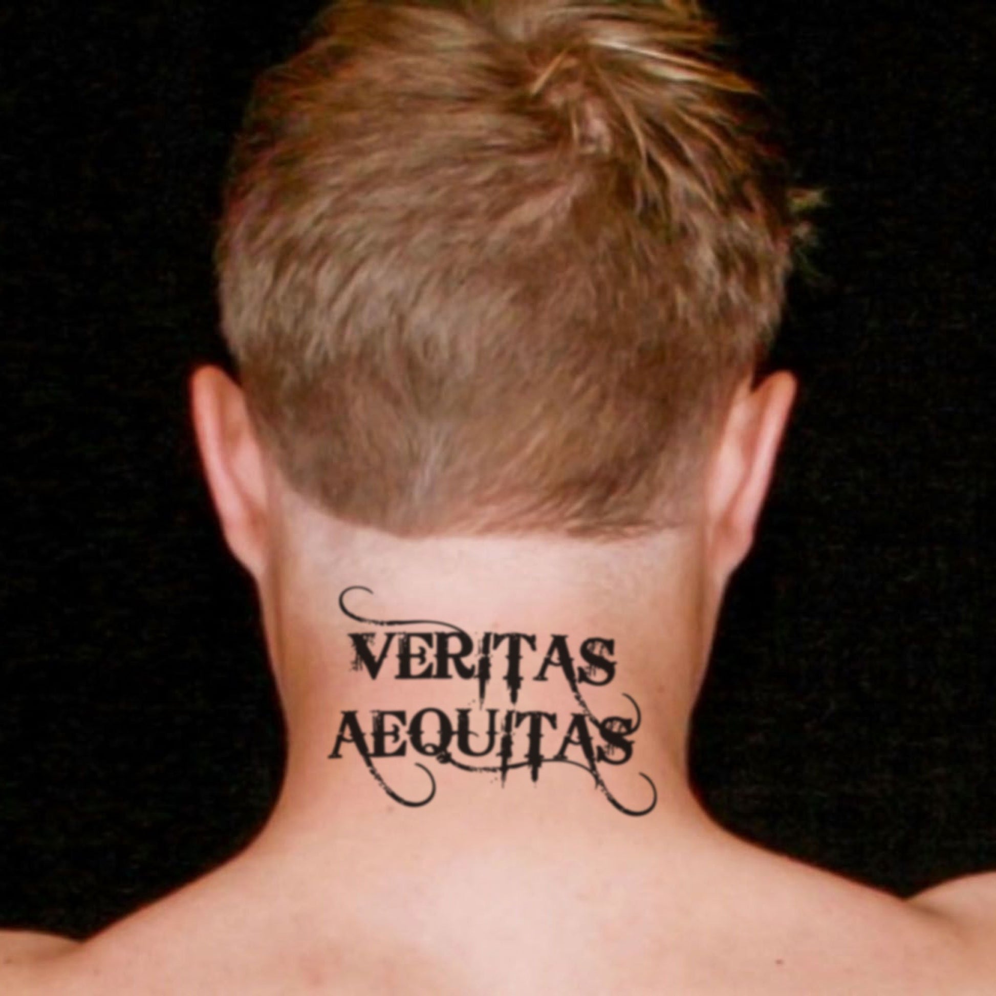 fake medium veritas aequitas boondock saints lettering temporary tattoo sticker design idea on neck