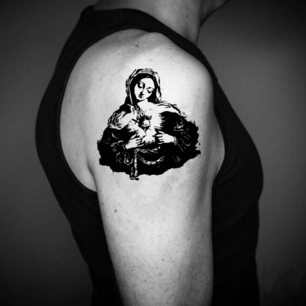 fake medium virgin hail st mary pieta santa maria illustrative temporary tattoo sticker design idea on upper arm