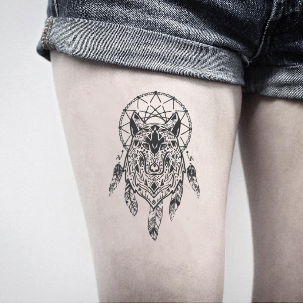 fake medium wolf dream catcher animal bohemian temporary tattoo sticker design idea on thigh