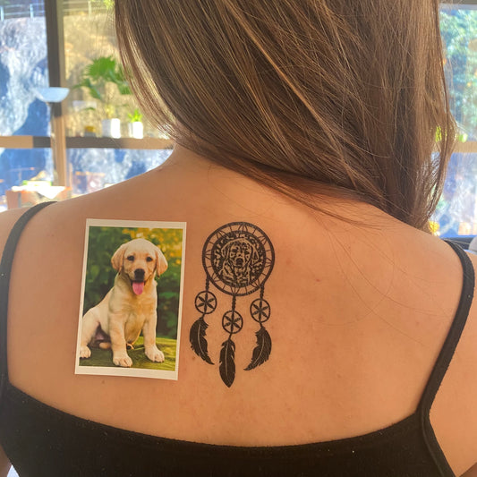 OhMyTat - fake small custom dog pet temporary tattoo sticker dream catcher effect style design idea on upper back
