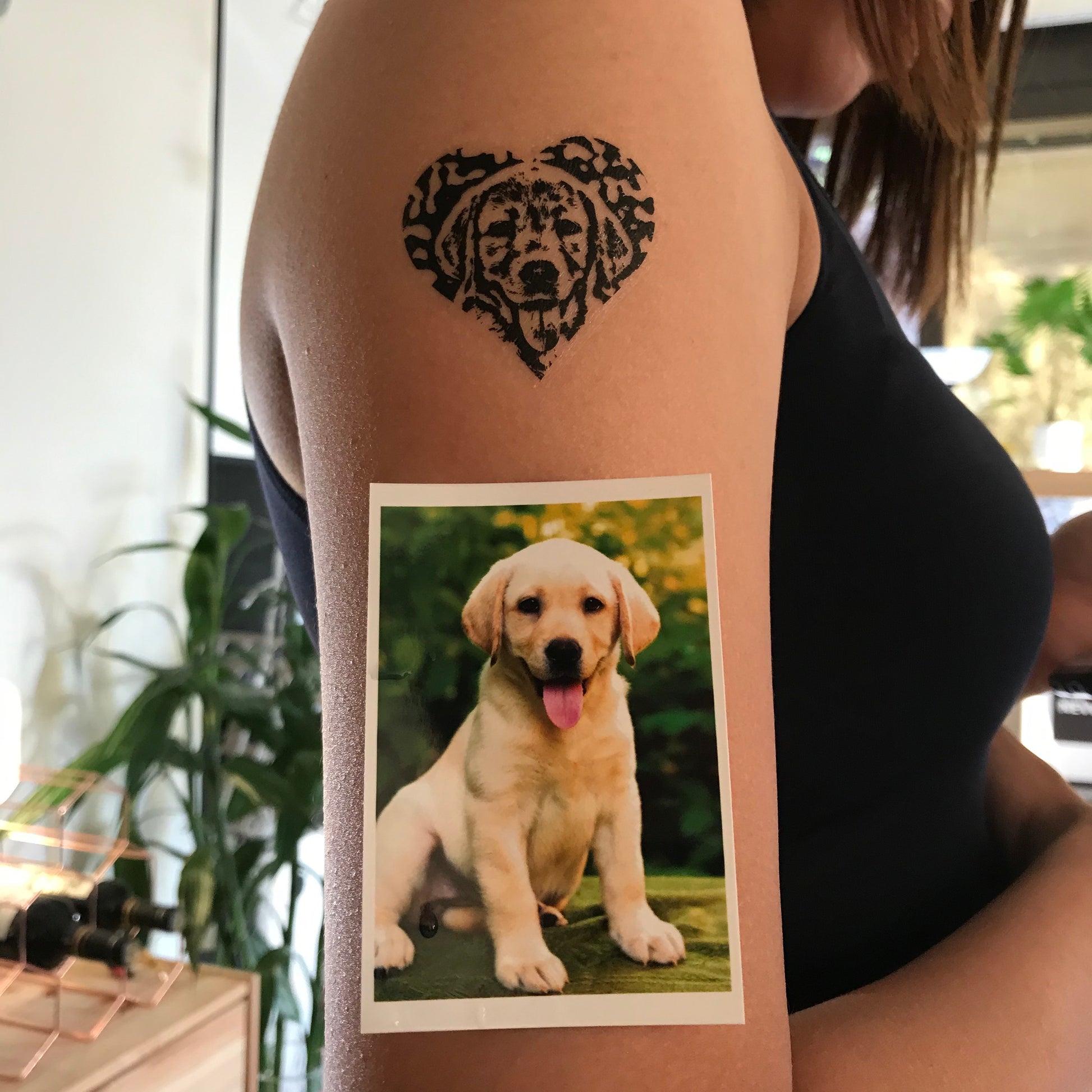 OhMyTat - fake small custom dog pet temporary tattoo sticker heart print effect style design idea on upper arm