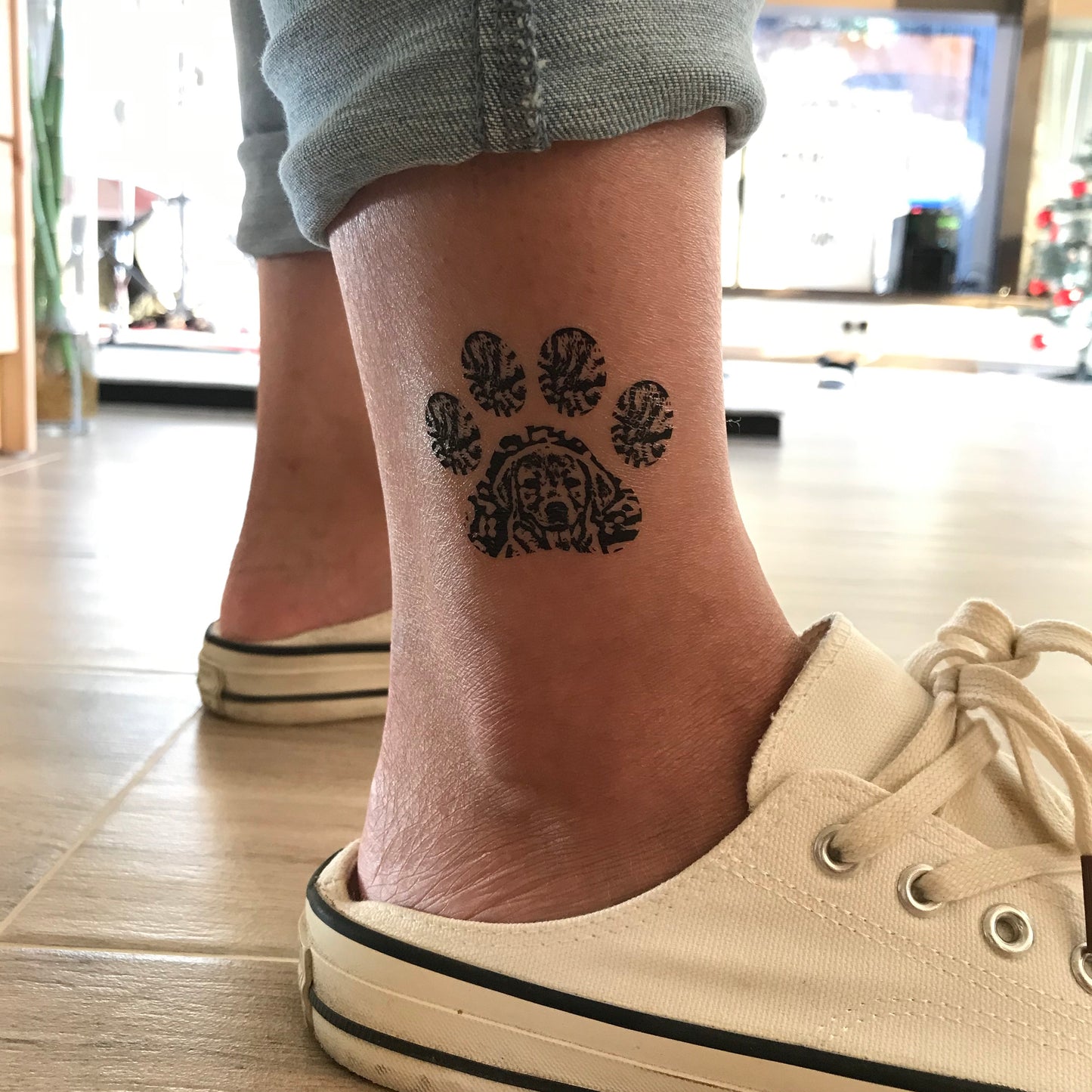 OhMyTat - fake small custom dog pet temporary tattoo sticker paw effect style design idea on ankle leg
