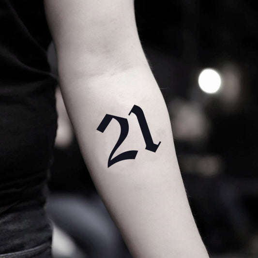 fake small 21 lettering temporary tattoo sticker design idea on inner arm