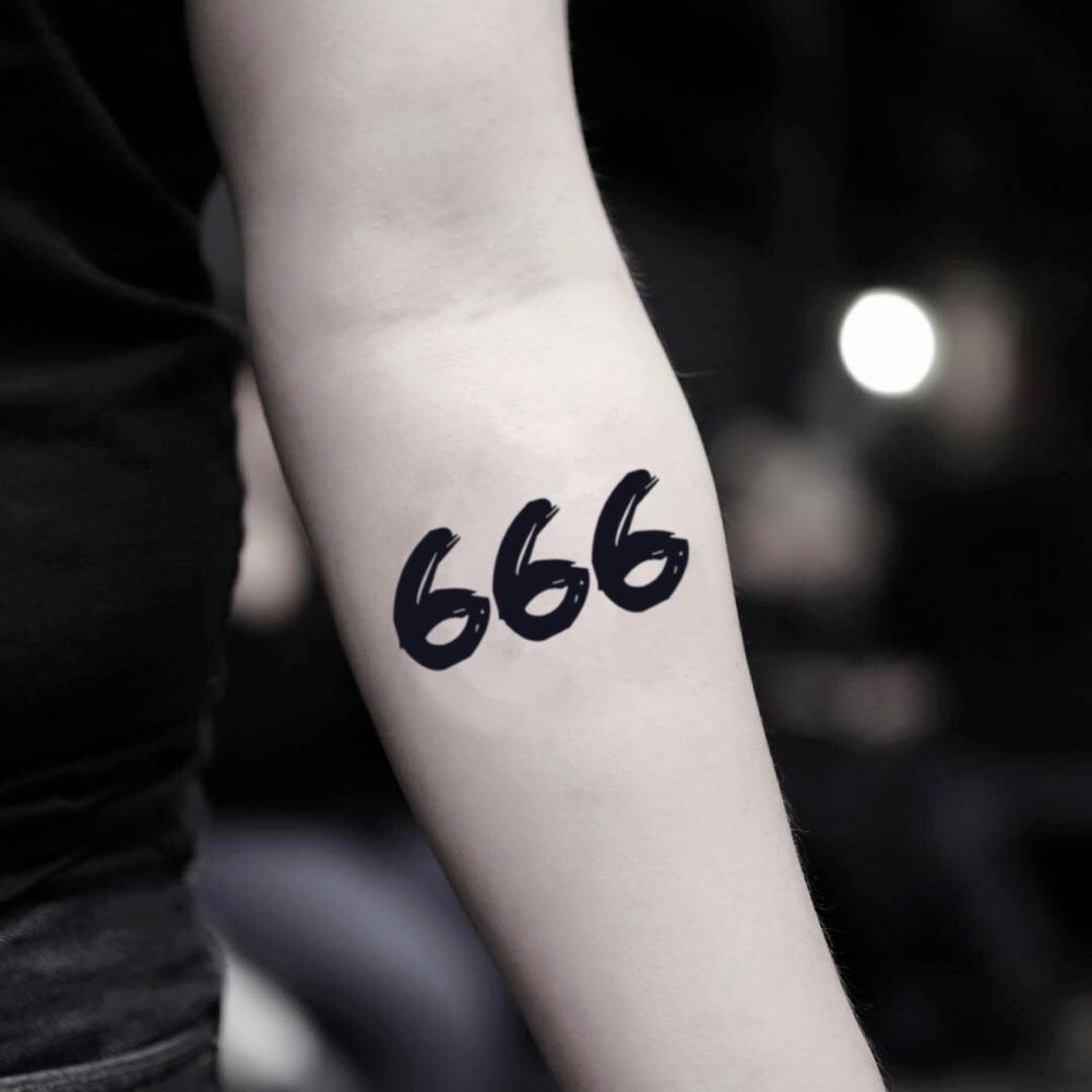 fake small 666 triple 6 devil sign 999 lettering temporary tattoo sticker design idea on inner arm
