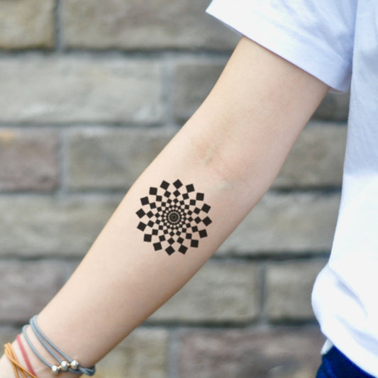 fake small black abstract art deco geometric temporary tattoo sticker design idea on inner arm