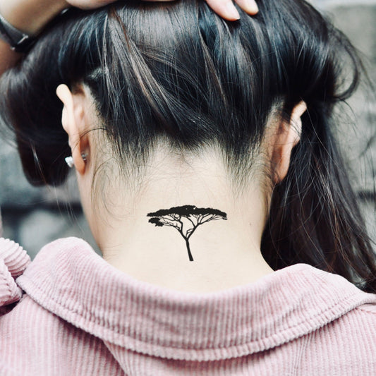 fake small acacia tree nature temporary tattoo sticker design idea on neck