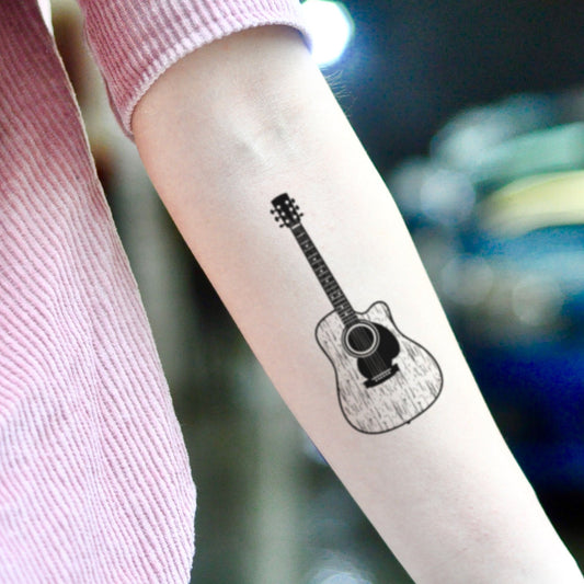 fake small acoustic guitar music temporary tattoo sticker design idea on inner arm