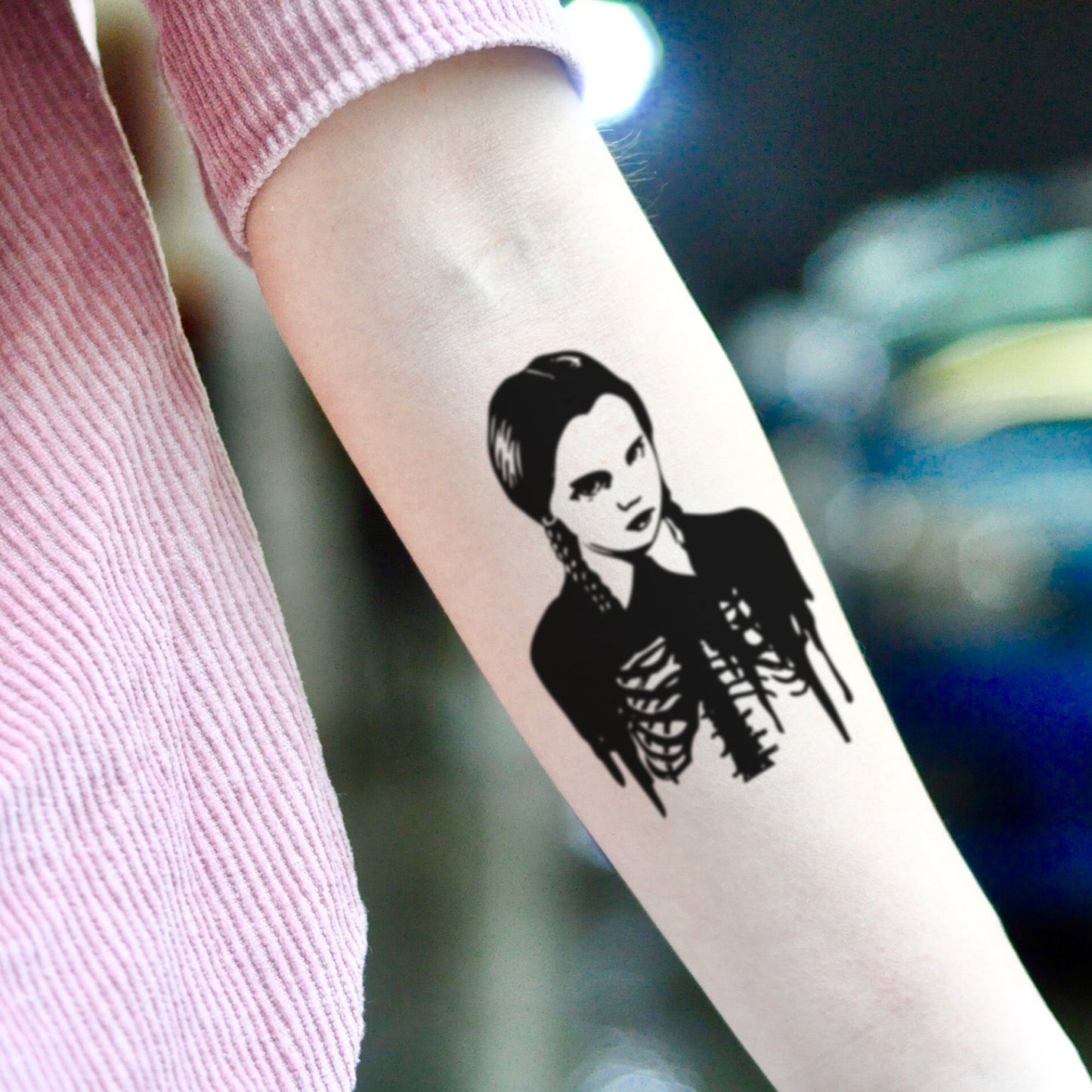 fake small wednesday addams family portrait temporary tattoo sticker design idea on inner arm