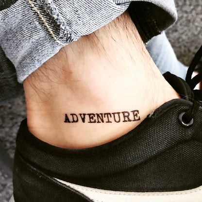 Small Adventure custom lettering temporary tattoo design idea on ankle - custom word name font writing characters calligraphy quote - OhMyTat