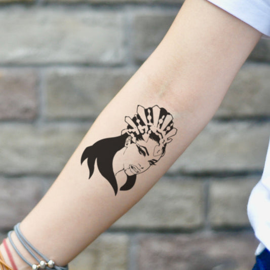 fake small akasha illustrative temporary tattoo sticker design idea on inner arm