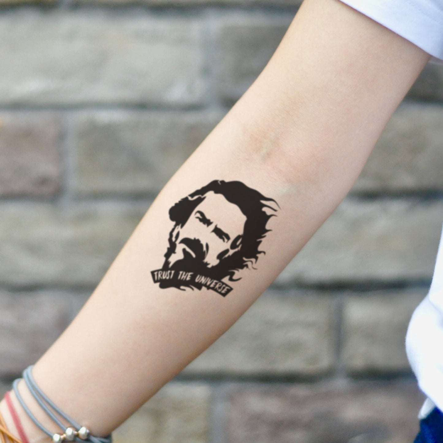 fake small alan watts portrait temporary tattoo sticker design idea on inner arm
