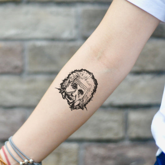 fake small albert einstein portrait temporary tattoo sticker design idea on inner arm