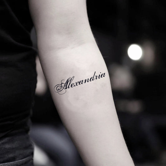 fake small alexandria lettering temporary tattoo sticker design idea on inner arm