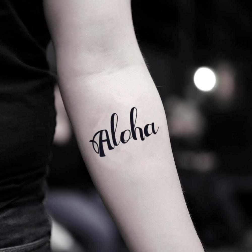 fake small aloha lettering temporary tattoo sticker design idea on inner arm