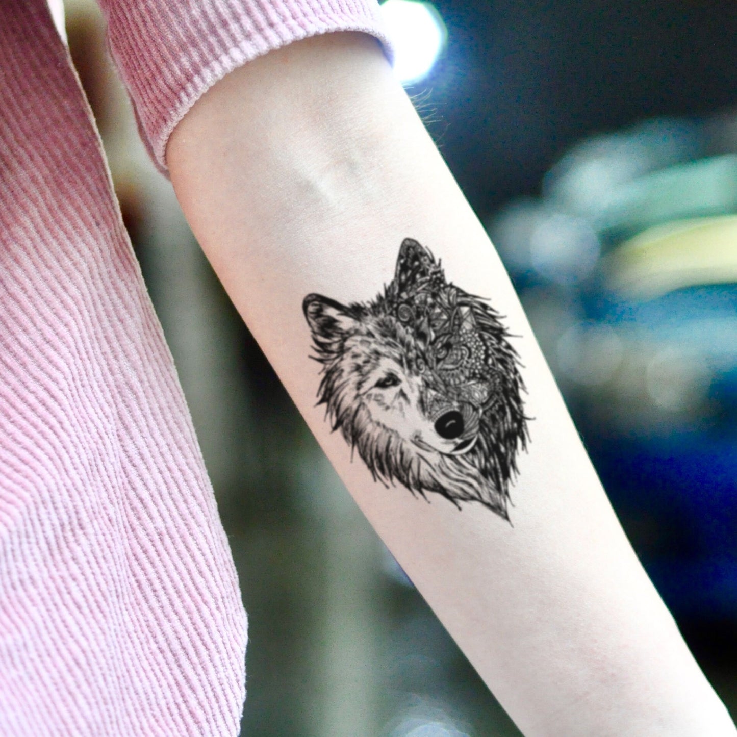 fake small great 3d alpha grey white wolf werewolf coyote double hybrid face animal temporary tattoo sticker design idea on inner arm