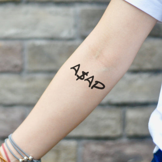 fake small always strive and prosper a$ap lettering temporary tattoo sticker design idea on inner arm
