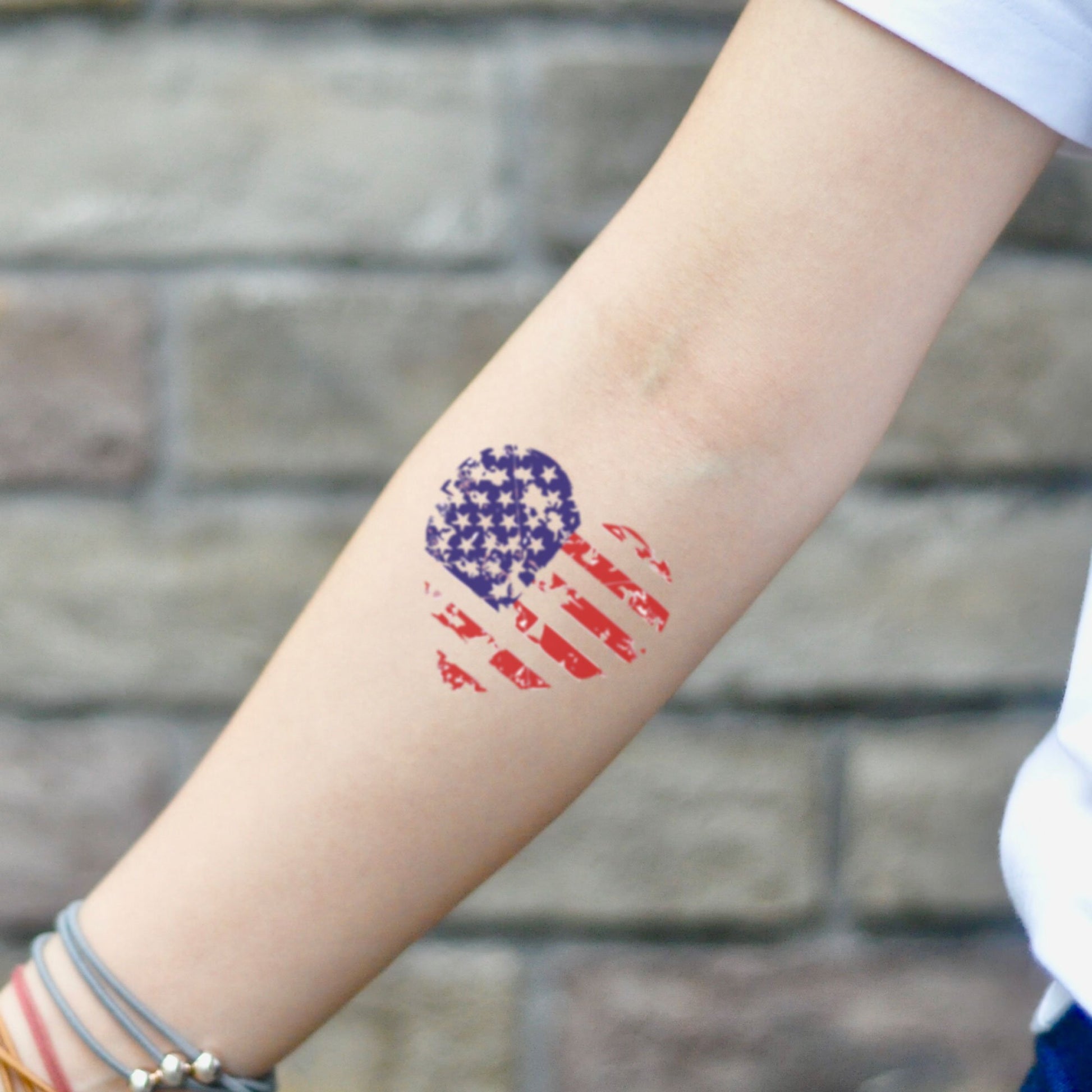 fake small american US pride patriotic heart flag color temporary tattoo sticker design idea on inner arm