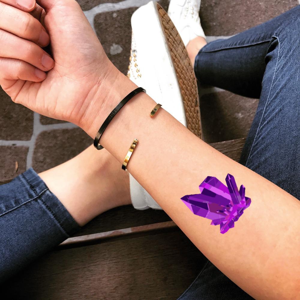 fake small amethyst geode rose quartz color jewel temporary tattoo sticker design idea on forearm