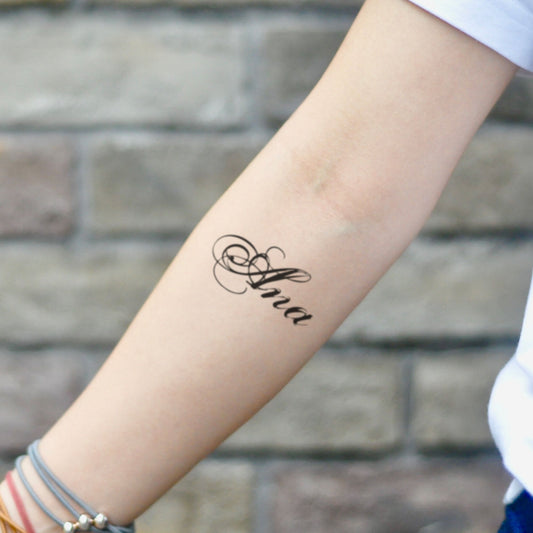 fake small ana lettering temporary tattoo sticker design idea on inner arm