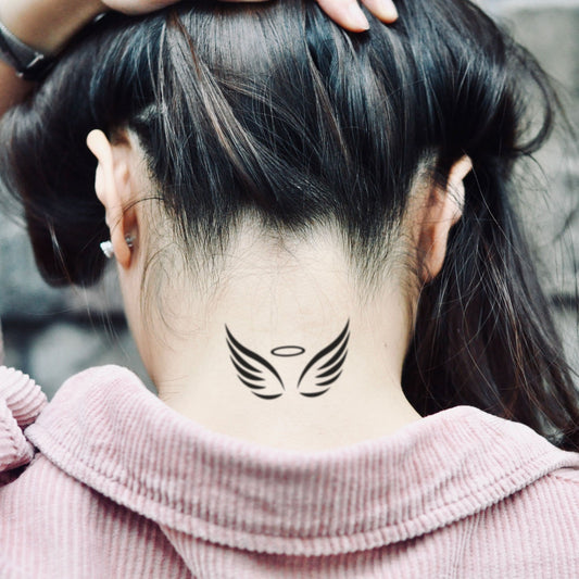 fake small cool angel halo for girl minimalist temporary tattoo sticker design idea on neck