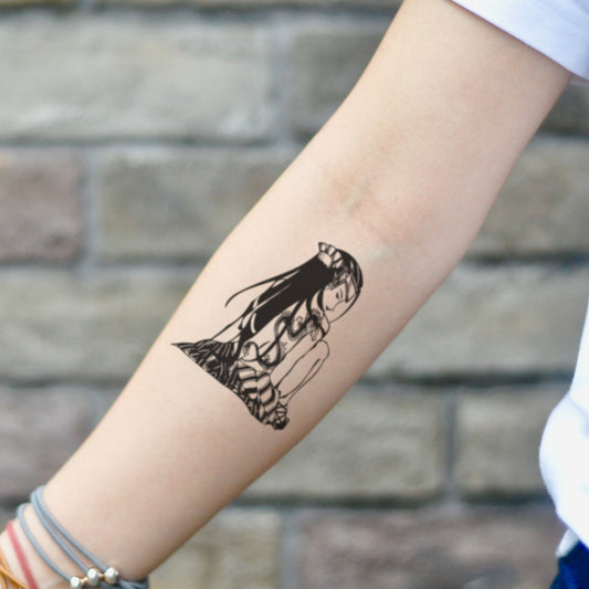 fake small anime girl cartoon temporary tattoo sticker design idea on inner arm