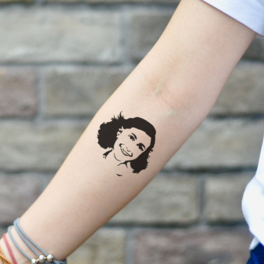 fake small anne frank portrait temporary tattoo sticker design idea on inner arm