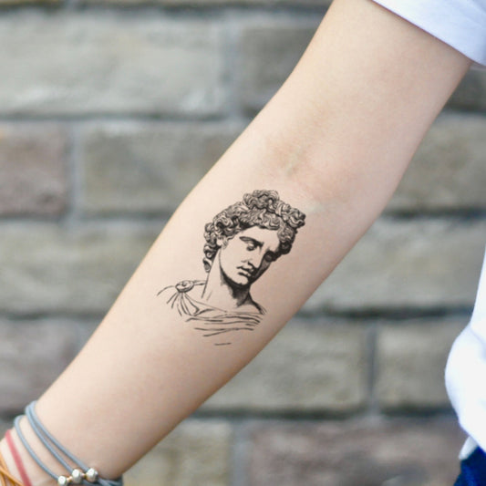 fake small apollo portrait temporary tattoo sticker design idea on inner arm