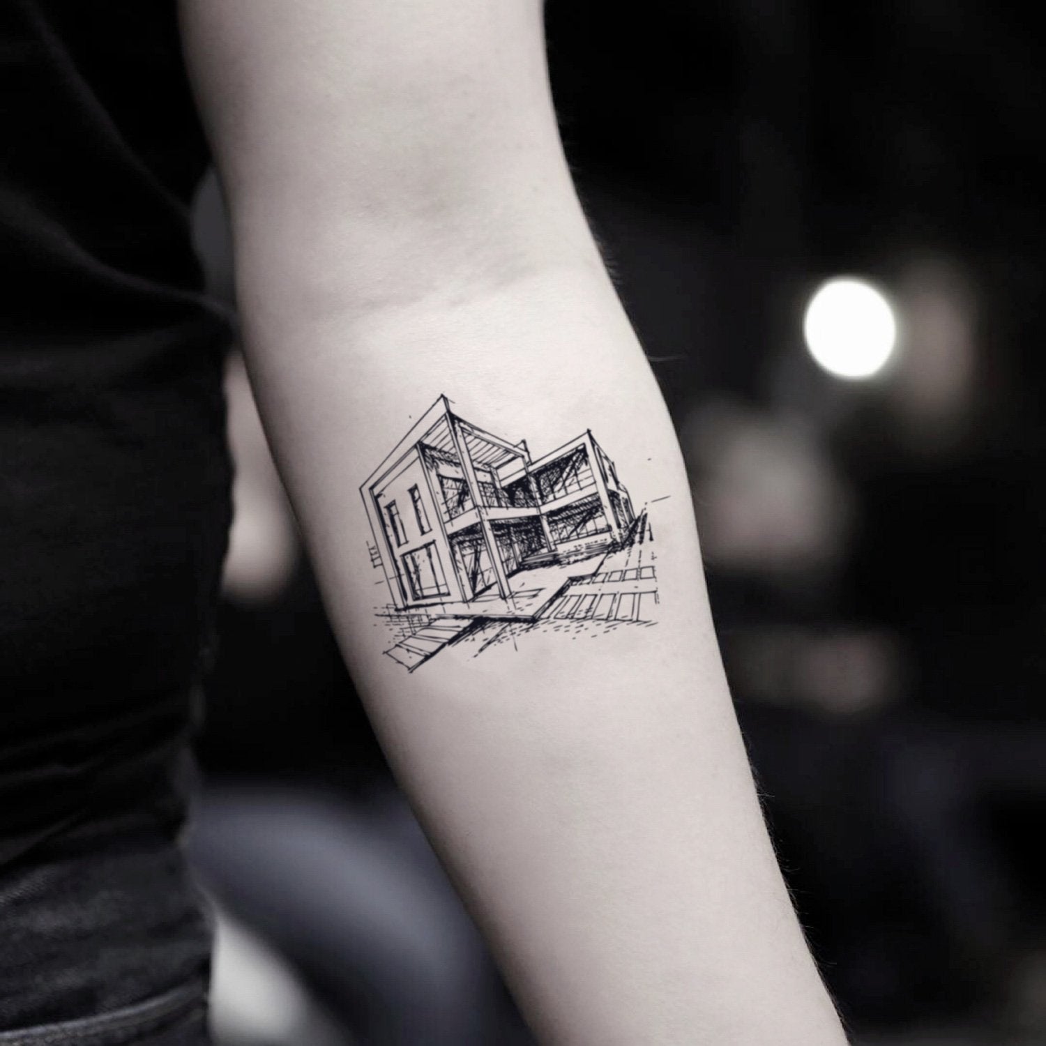 fake small architecture illustrative temporary tattoo sticker design idea on inner arm