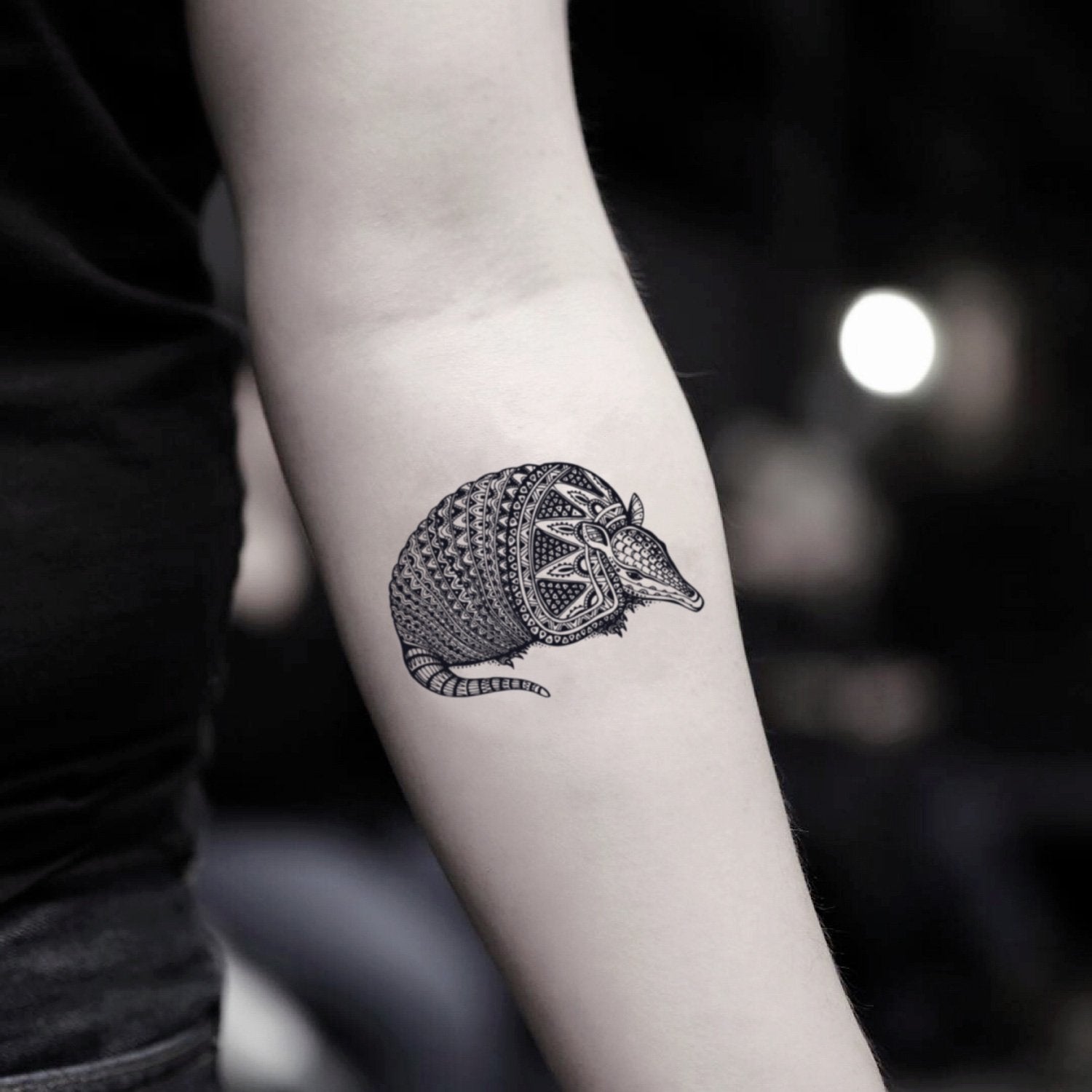 fake small armadillo pangolin animal temporary tattoo sticker design idea on inner arm