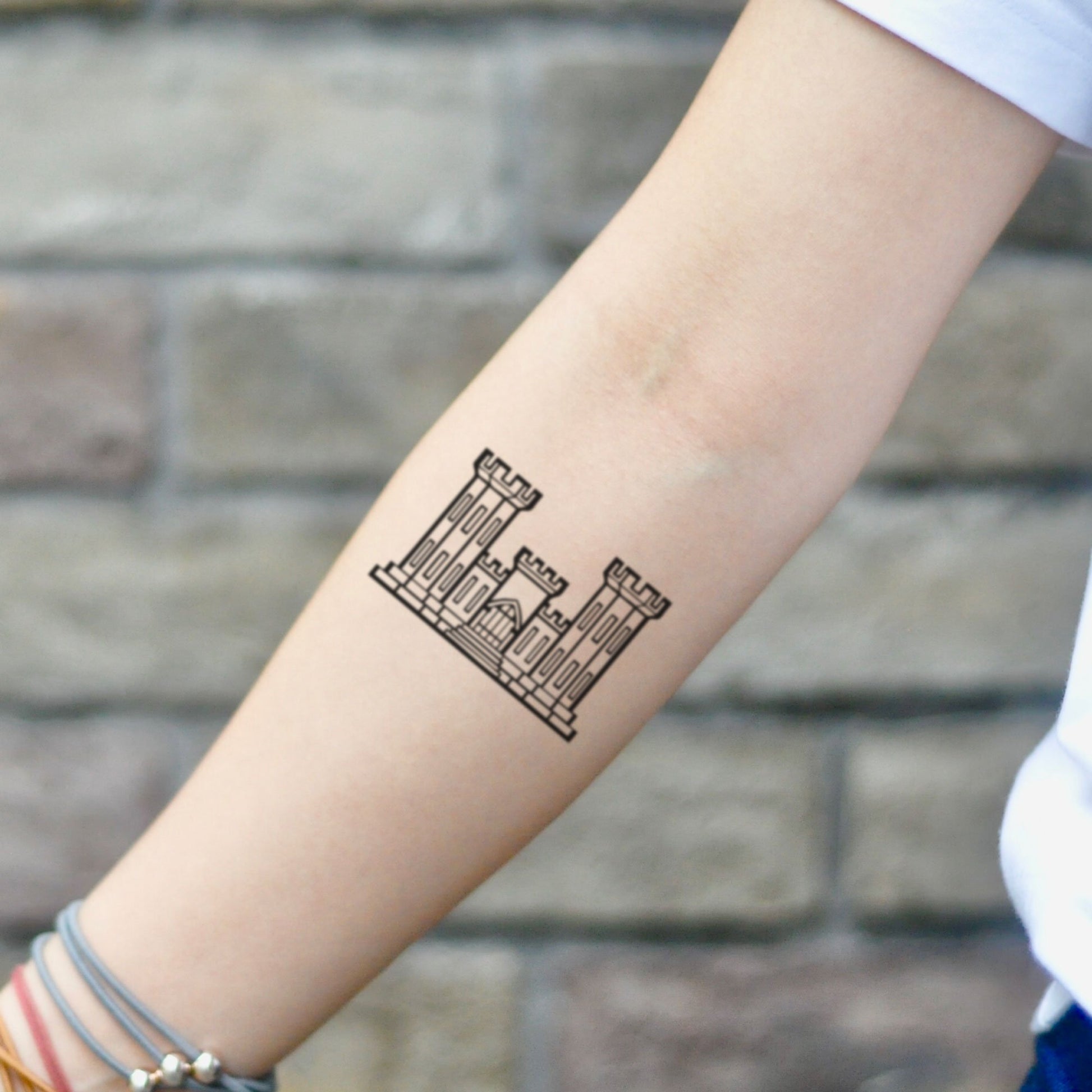 fake small army engineer castle kingdom military illustrative temporary tattoo sticker design idea on inner arm