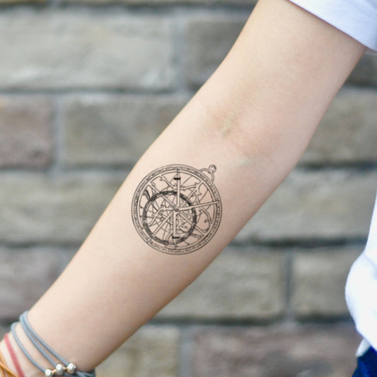fake small astrolabe illustrative temporary tattoo sticker design idea on inner arm