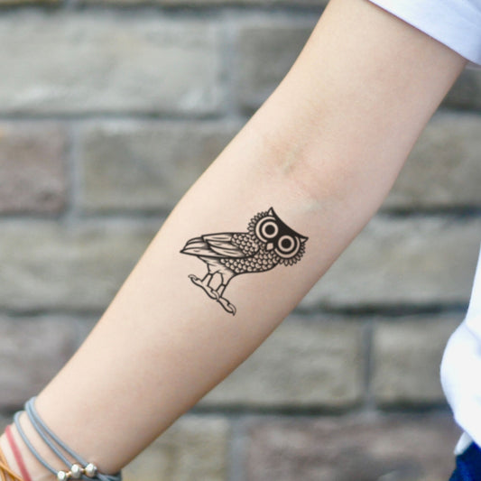 fake small athena owl animal temporary tattoo sticker design idea on inner arm