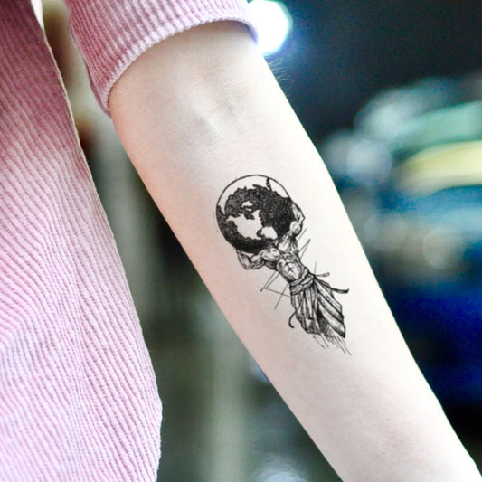 fake small atlas illustrative temporary tattoo sticker design idea on inner arm
