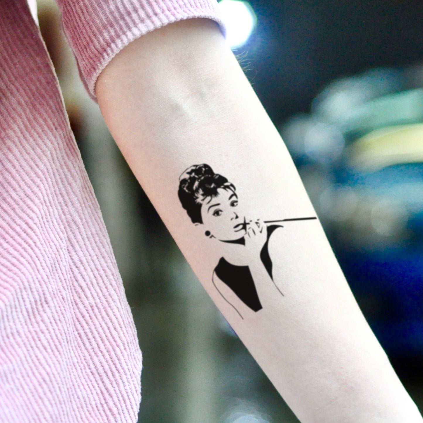 fake small audrey hepburn portrait temporary tattoo sticker design idea on inner arm