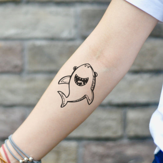 fake small baby shark cartoon temporary tattoo sticker design idea on inner arm