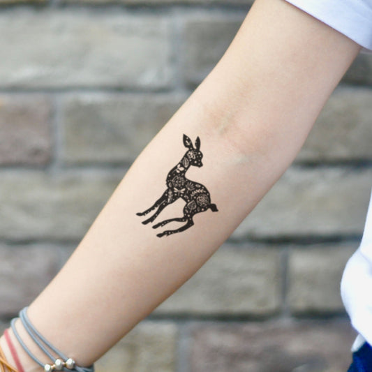 fake small bambi deer animal temporary tattoo sticker design idea on inner arm