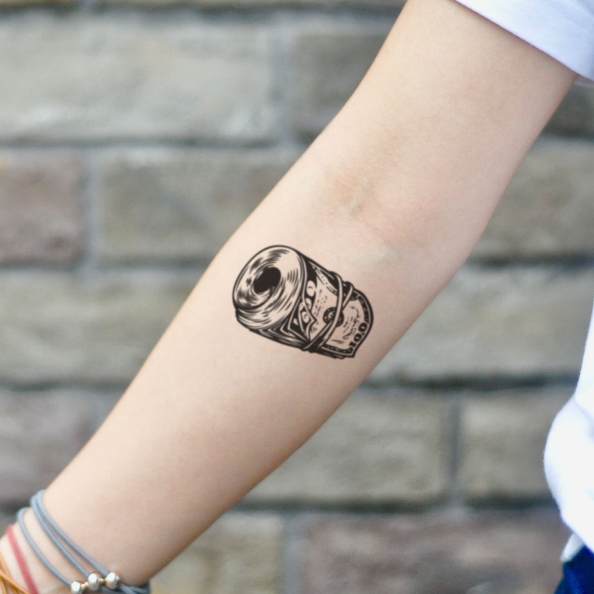 fake small bankroll get cash money roll ghetto illustrative temporary tattoo sticker design idea on inner arm