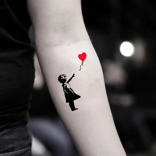 fake small banksy red heart balloon girl illustrative color temporary tattoo sticker design idea on inner arm