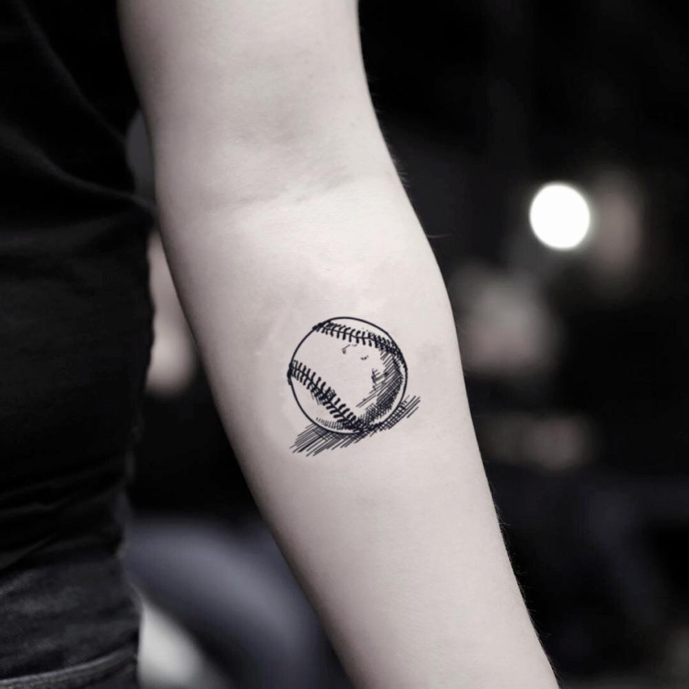 fake small baseball illustrative temporary tattoo sticker design idea on inner arm