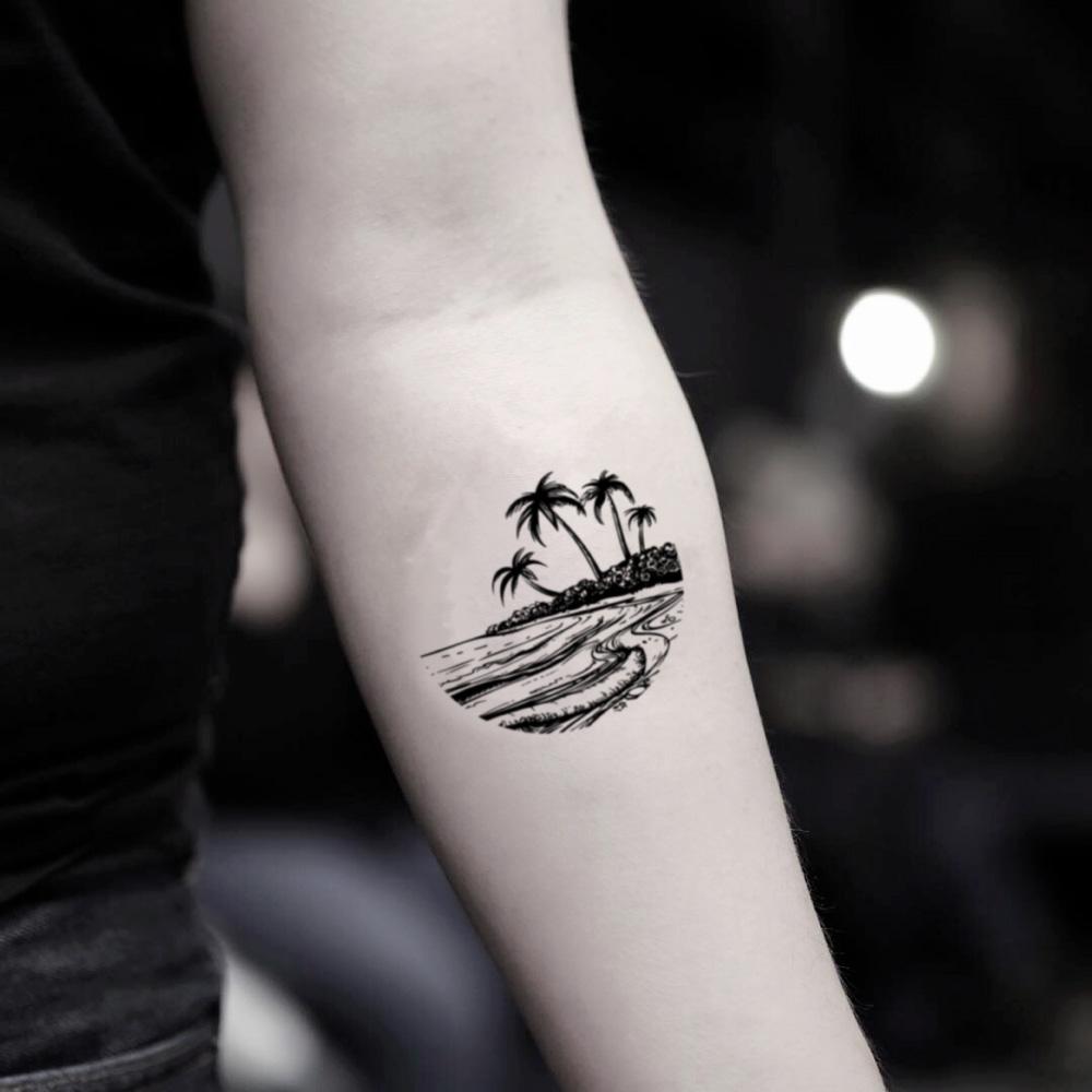 fake small ocean palm beach island paradise nature temporary tattoo sticker design idea on inner arm