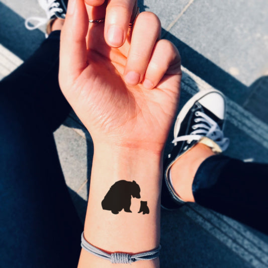 fake small bear cub family animal temporary tattoo sticker design idea on wrist