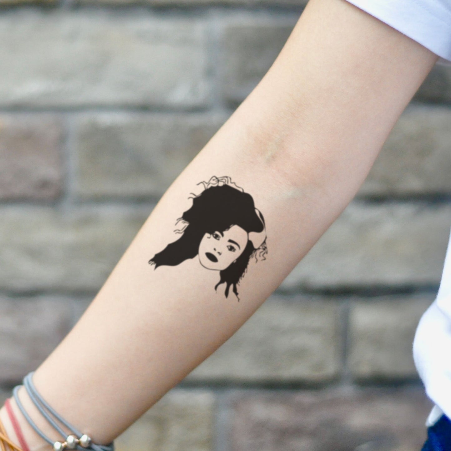 fake small bellatrix lestrange portrait temporary tattoo sticker design idea on inner arm