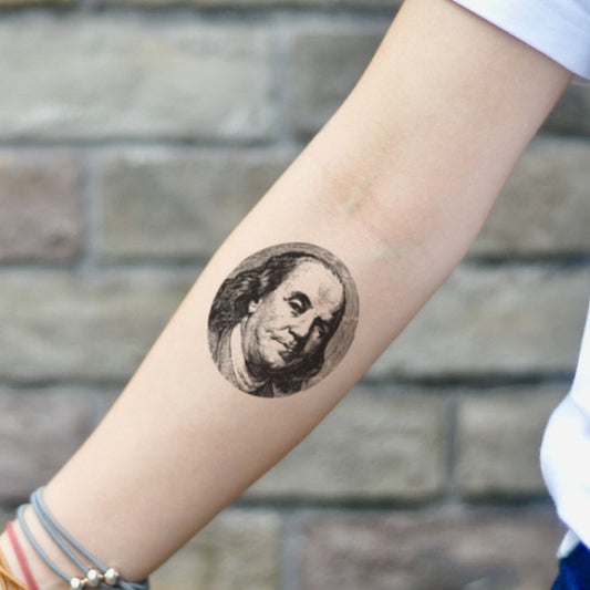 fake small ben benjamin franklin portrait temporary tattoo sticker design idea on inner arm